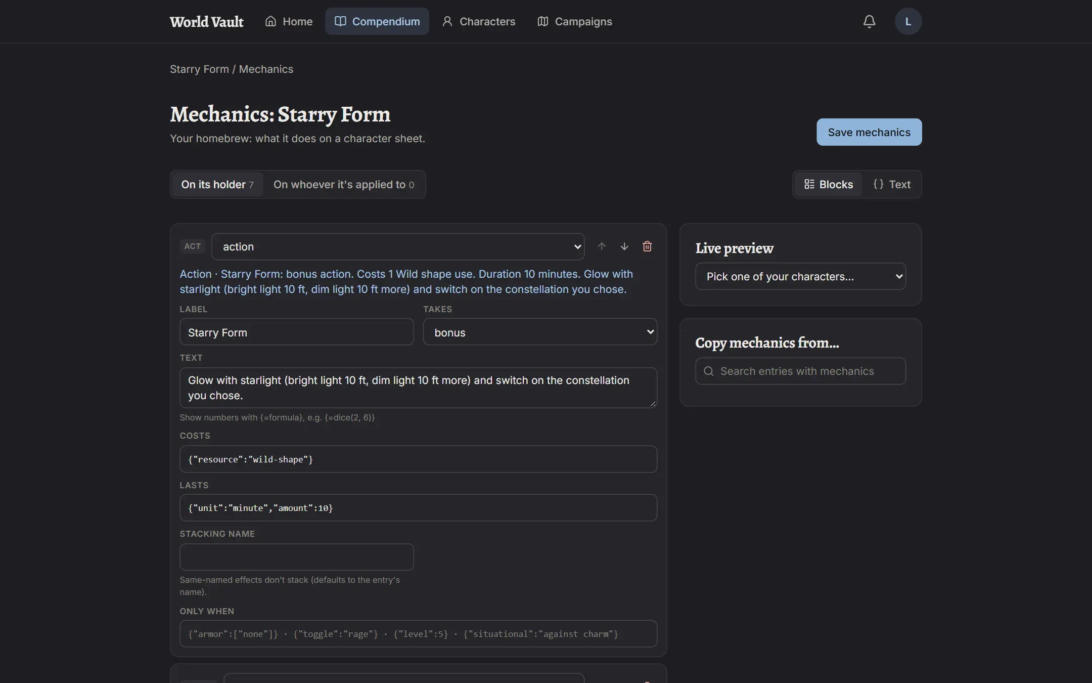 The effect builder: blocks with plain-English lines, and the live preview on the right